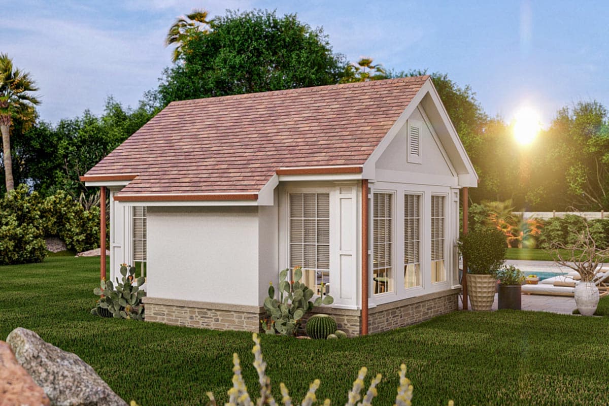 House plan exterior: single-story building with gable roof, stone foundation, and large bay windows.