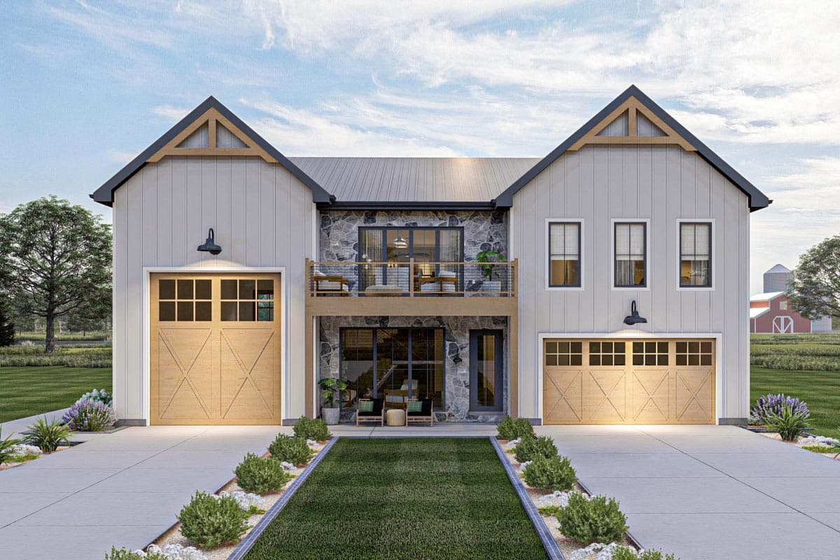 House plan exterior. Two-story Modern Farmhouse with gabled rooflines, two garage doors, and a second-story balcony.
