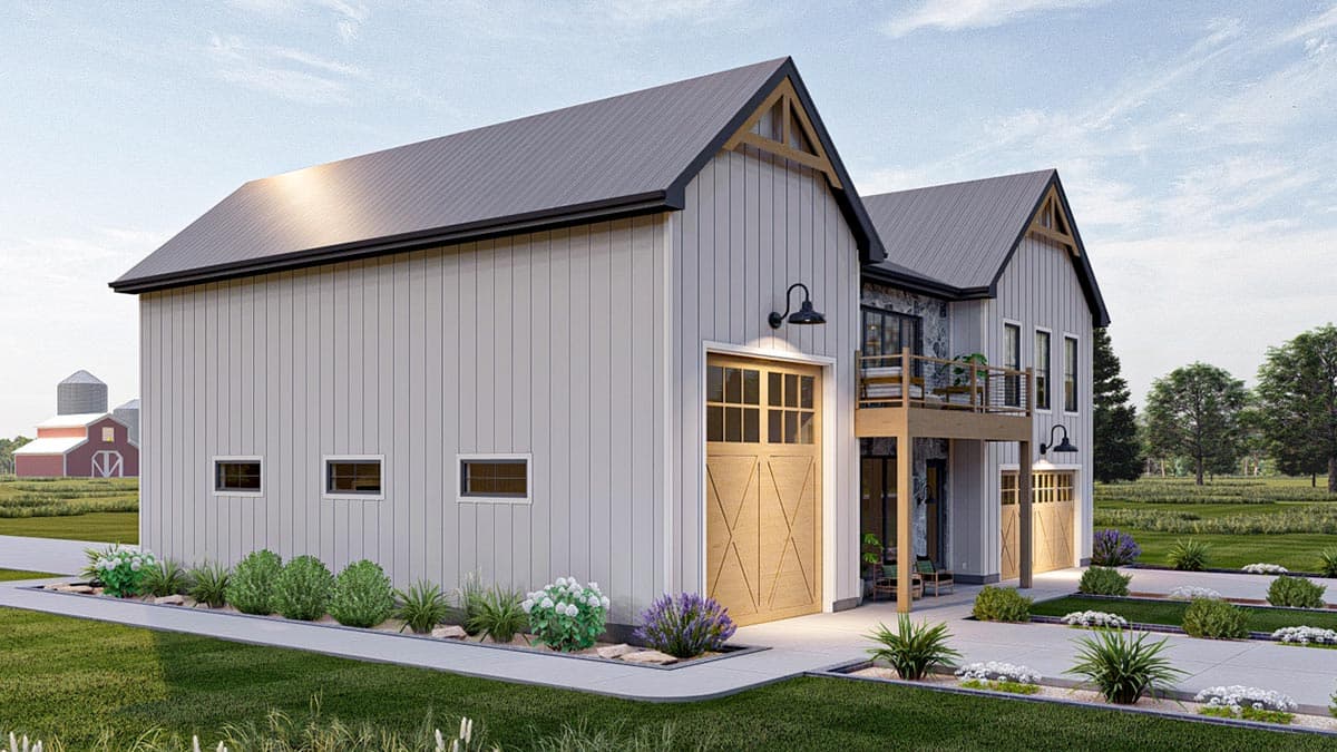 Modern Farmhouse house plan exterior with metal roof, board and batten siding, two garage doors, and upper balcony.