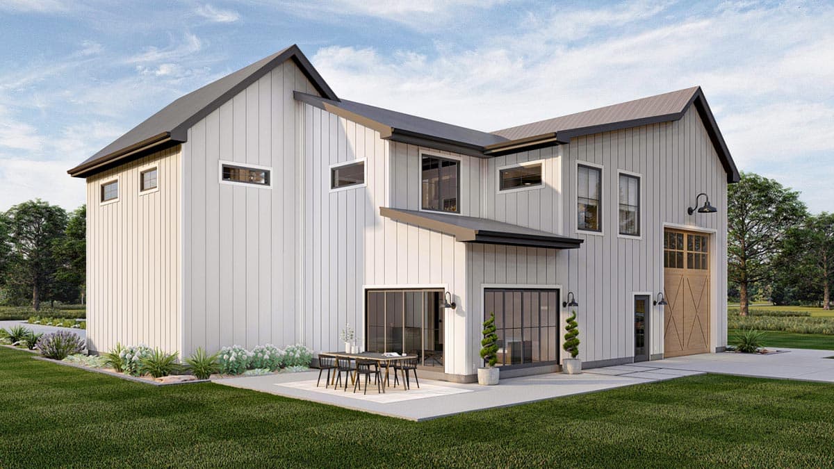 Modern farmhouse house plan exterior with white vertical siding, dark gabled roof, and wood garage door.