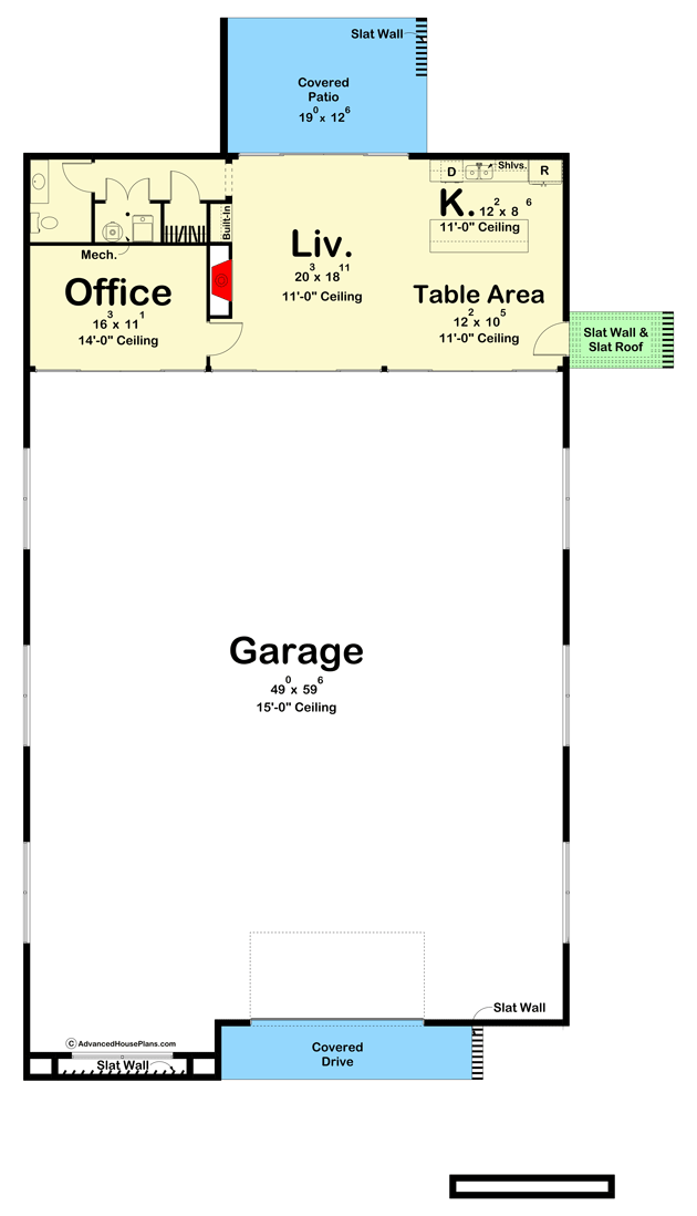 Plan 623161DJ: 3000 Square Foot 6-Car Modern Garage with 1000 Square Feet of Finished Space - Floor Plan - Main Level - Barndominium, Contemporary, Mid Century Modern, Modern