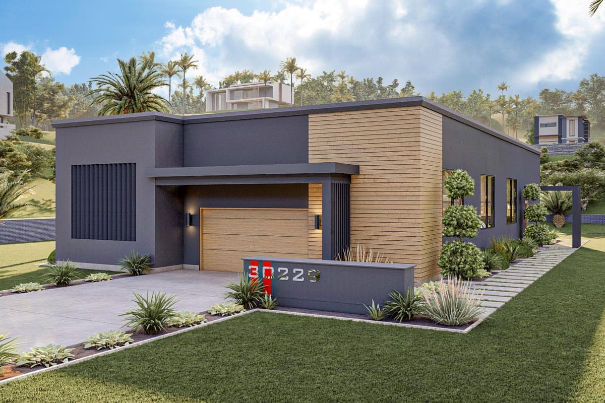 House plan exterior. Modern style, single story home with wood siding accent, flat roof, and attached garage. Includes a covered entry.