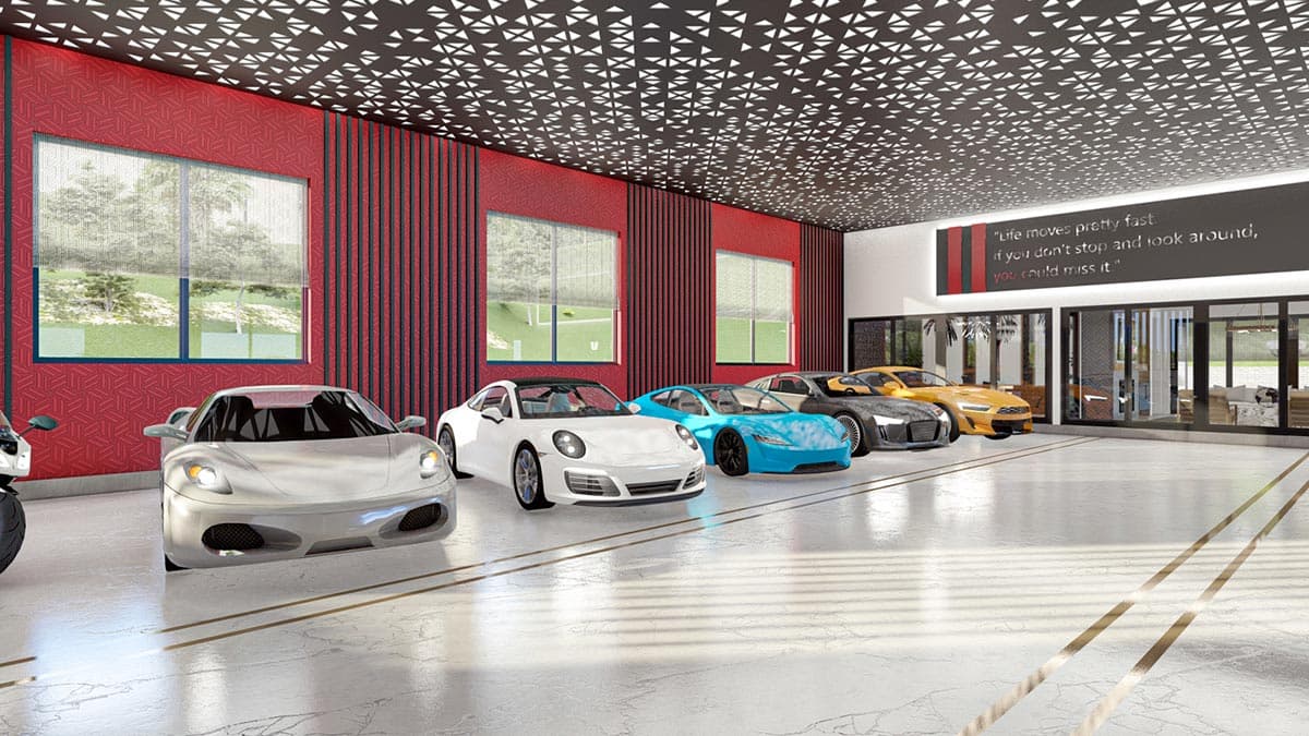 Plan 623161DJ: 3000 Square Foot 6-Car Modern Garage with 1000 Square Feet of Finished Space - Image #10 - Barndominium, Contemporary, Mid Century Modern, Modern