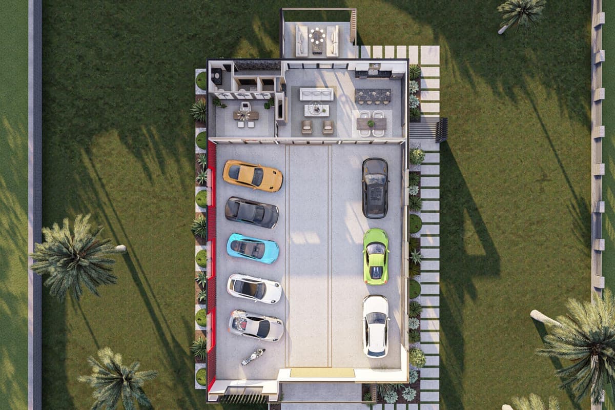 Plan 623161DJ: 3000 Square Foot 6-Car Modern Garage with 1000 Square Feet of Finished Space - Image #12 - Barndominium, Contemporary, Mid Century Modern, Modern