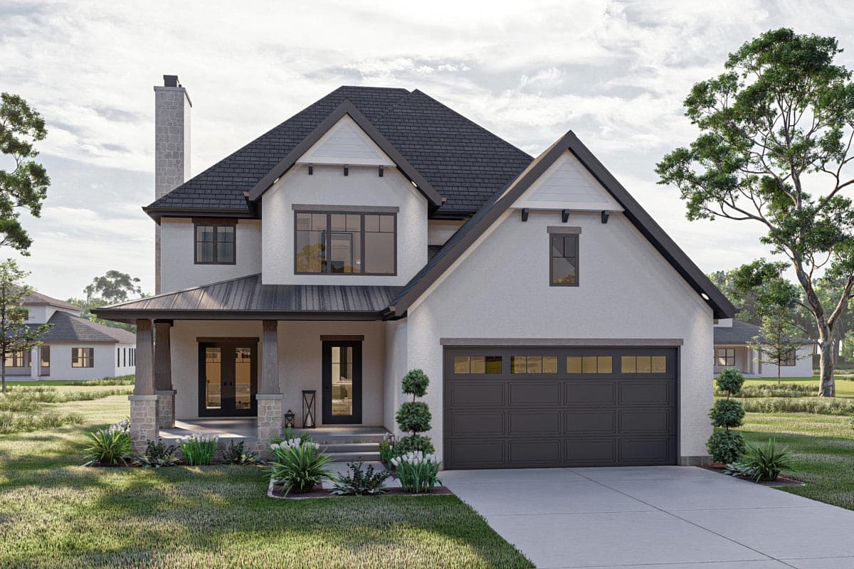 House plan exterior. Two-story Modern Farmhouse with a gabled roof, covered porch, and attached garage. Stone chimney and dark trim.