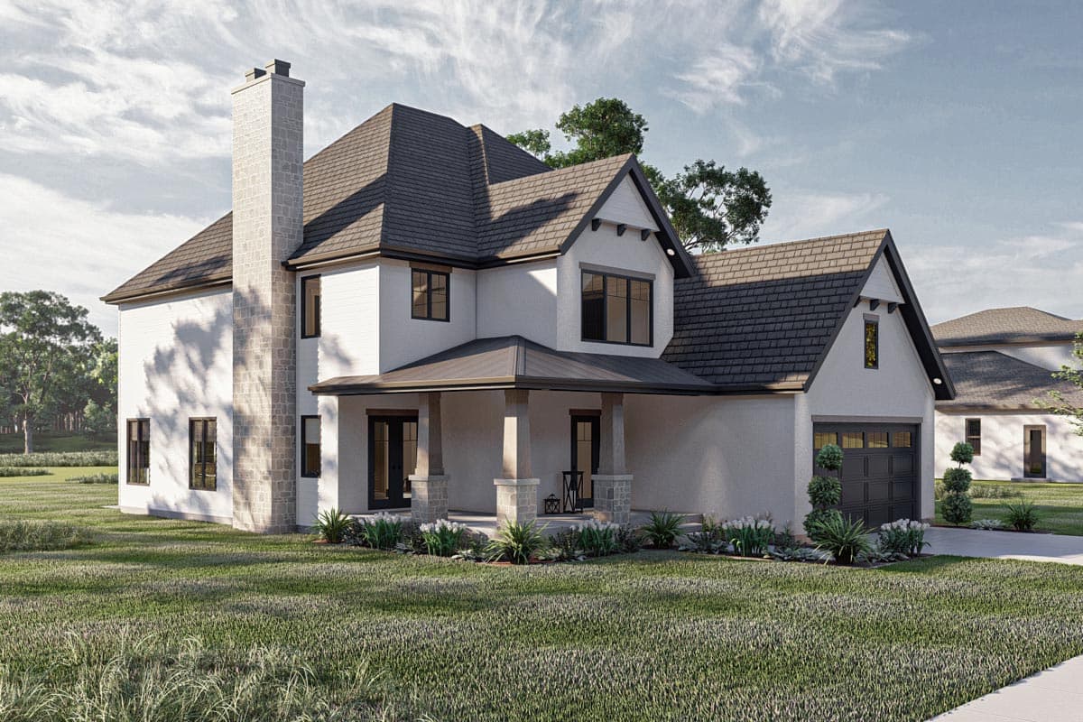 House plan exterior: two-story Modern Farmhouse with prominent stone chimney, covered porch with columns, and attached garage.