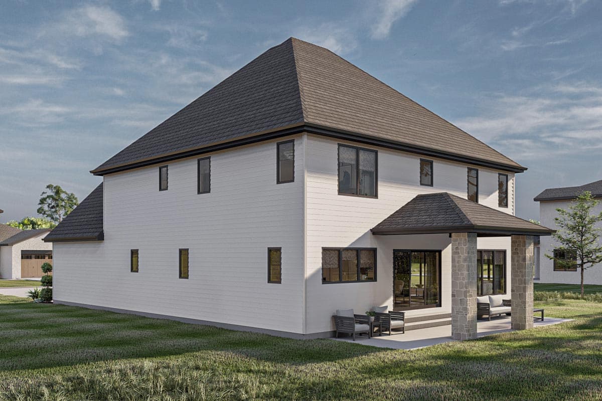 House plan exterior: two-story modern home with hipped roof, white siding, dark windows, and stone-accented covered patio.