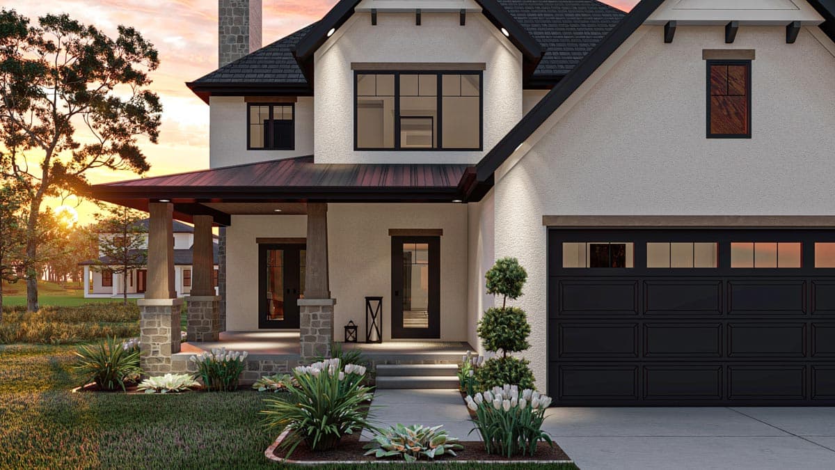 House plan exterior: two-story modern farmhouse with covered porch, stone pillars, gables, and a two-car garage.