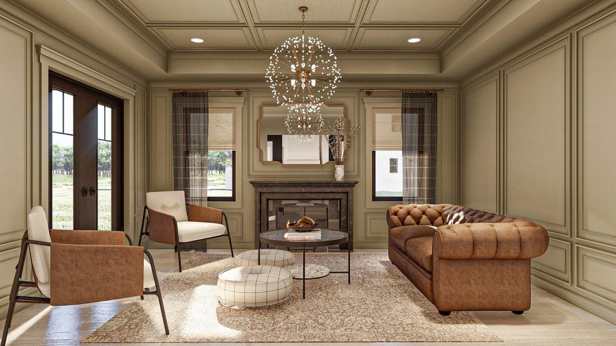 Living room rendering with fireplace, tufted sofa, armchairs, coffee table, and coffered ceiling.