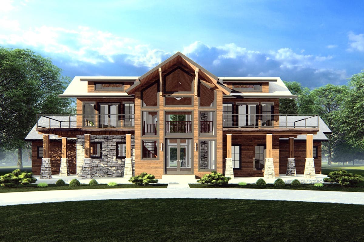 House plan exterior. Two-story home with a gabled roof, balconies, and a covered porch supported by stone and wood columns.