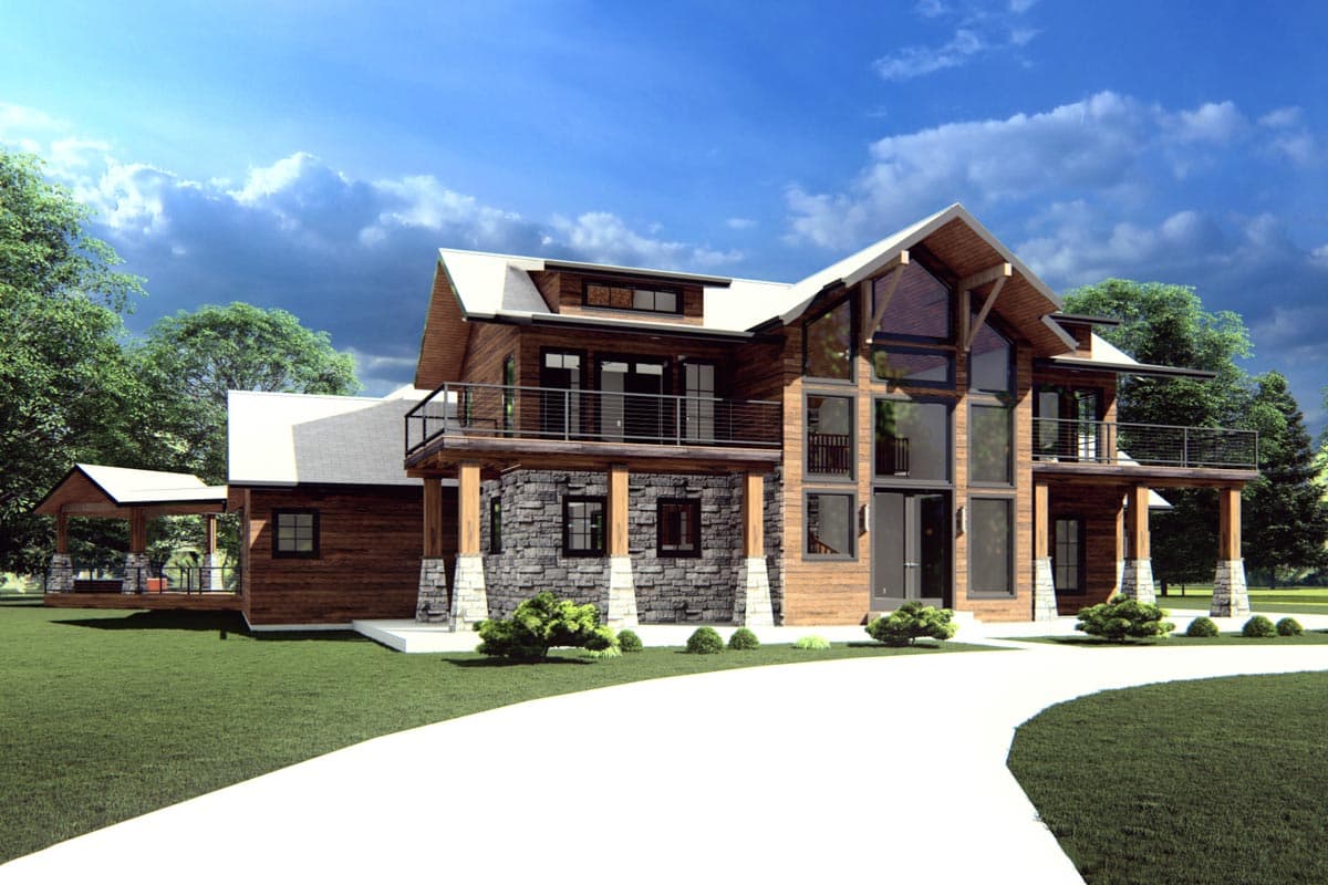 Modern house plan exterior with wood siding, stone foundation, and a prominent two-story glass facade with balconies.
