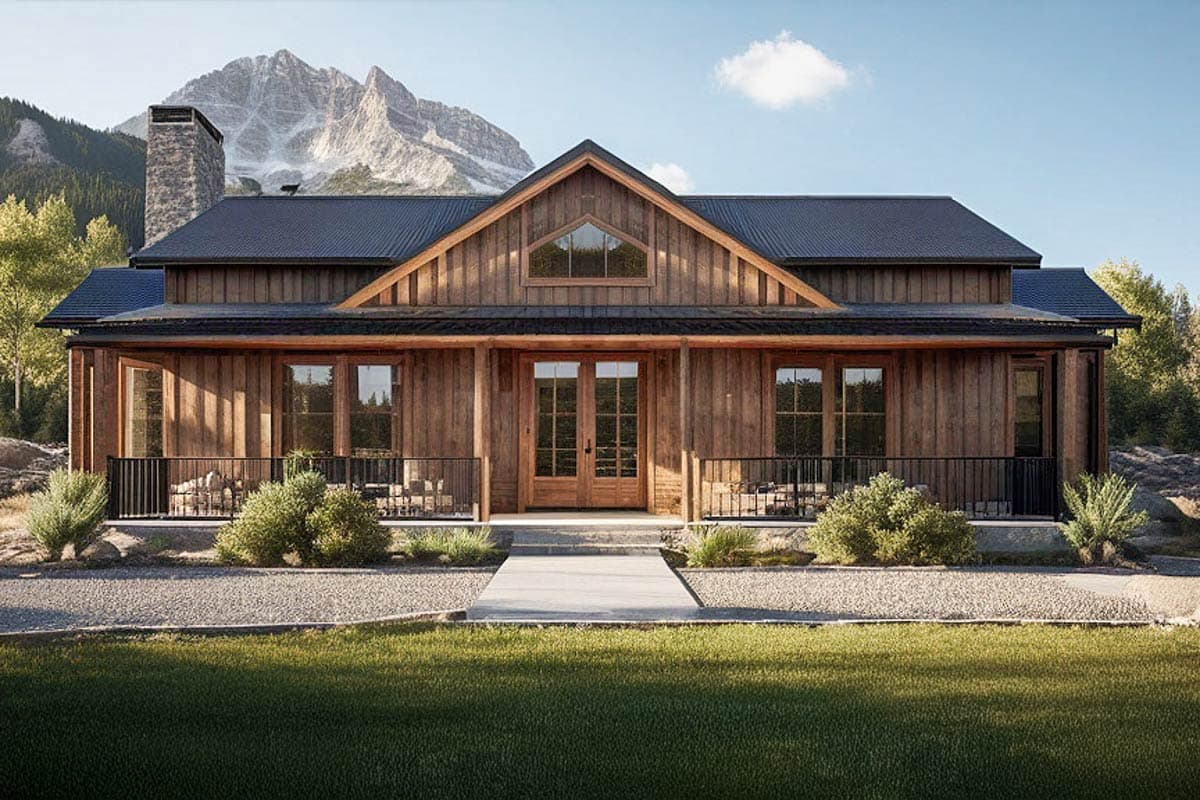 House plan exterior. Two-story, rustic-style home with gabled roof, covered porch, and a stone chimney.