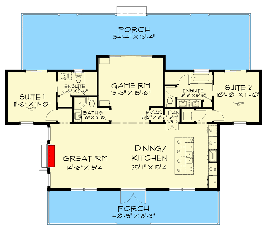 Plan 744505ABR: Modern Cozy Cottage House Plan Under 1500 Square Feet with Central Game Room - Floor Plan - Main Level - Country, New American, Ranch, Rustic