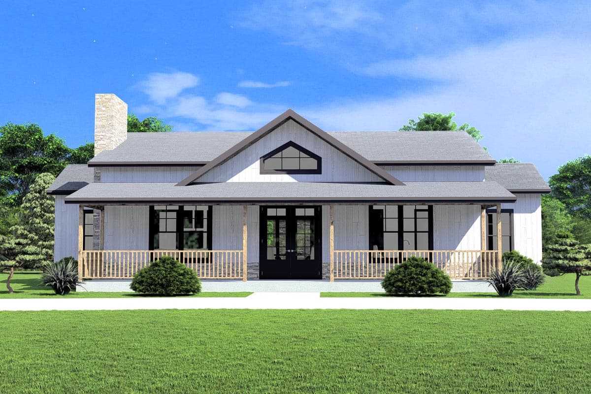 Modern Farmhouse house plan exterior with a wraparound porch, gable dormer, and stone chimney.