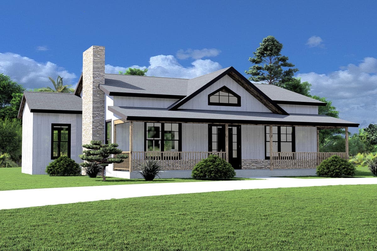House plan exterior: Modern farmhouse, two stories, gable roof, stone chimney, wraparound porch, and black-trimmed windows.