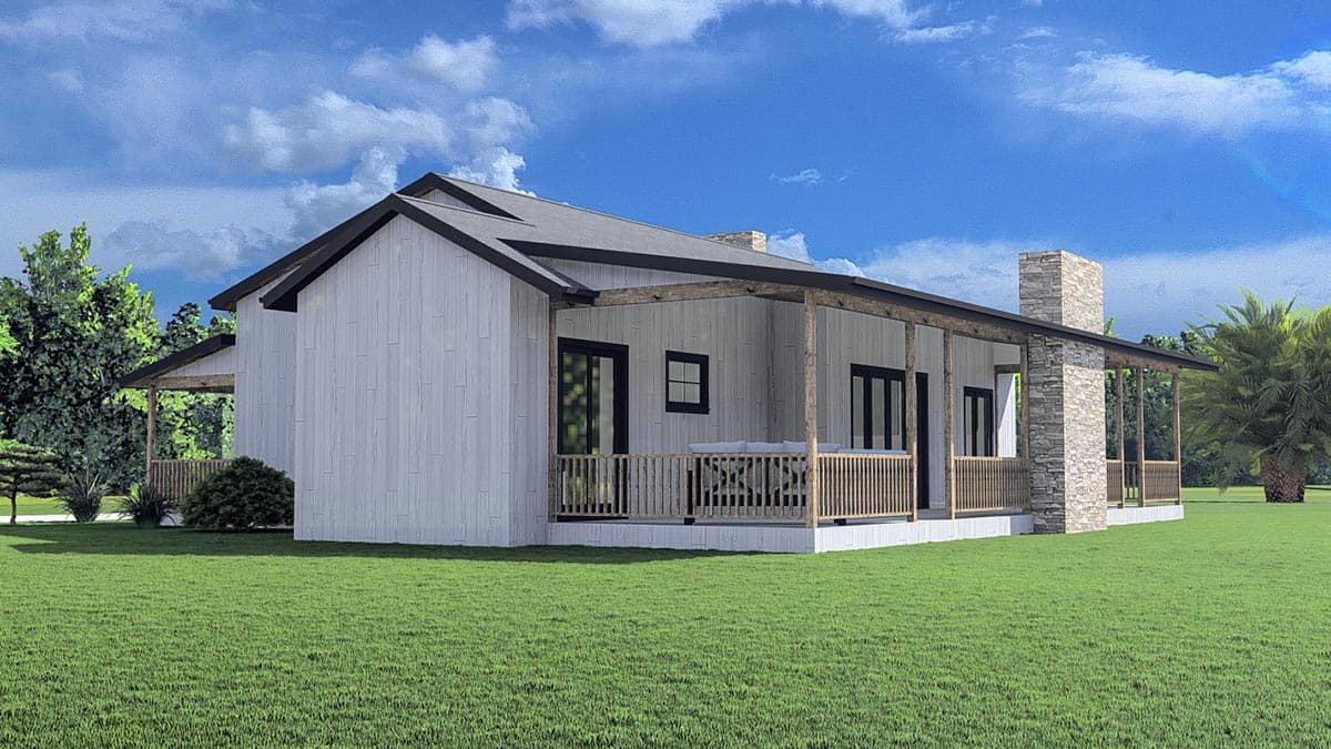 Modern farmhouse house plan exterior with a covered porch, wood-clad walls, and a stone chimney.
