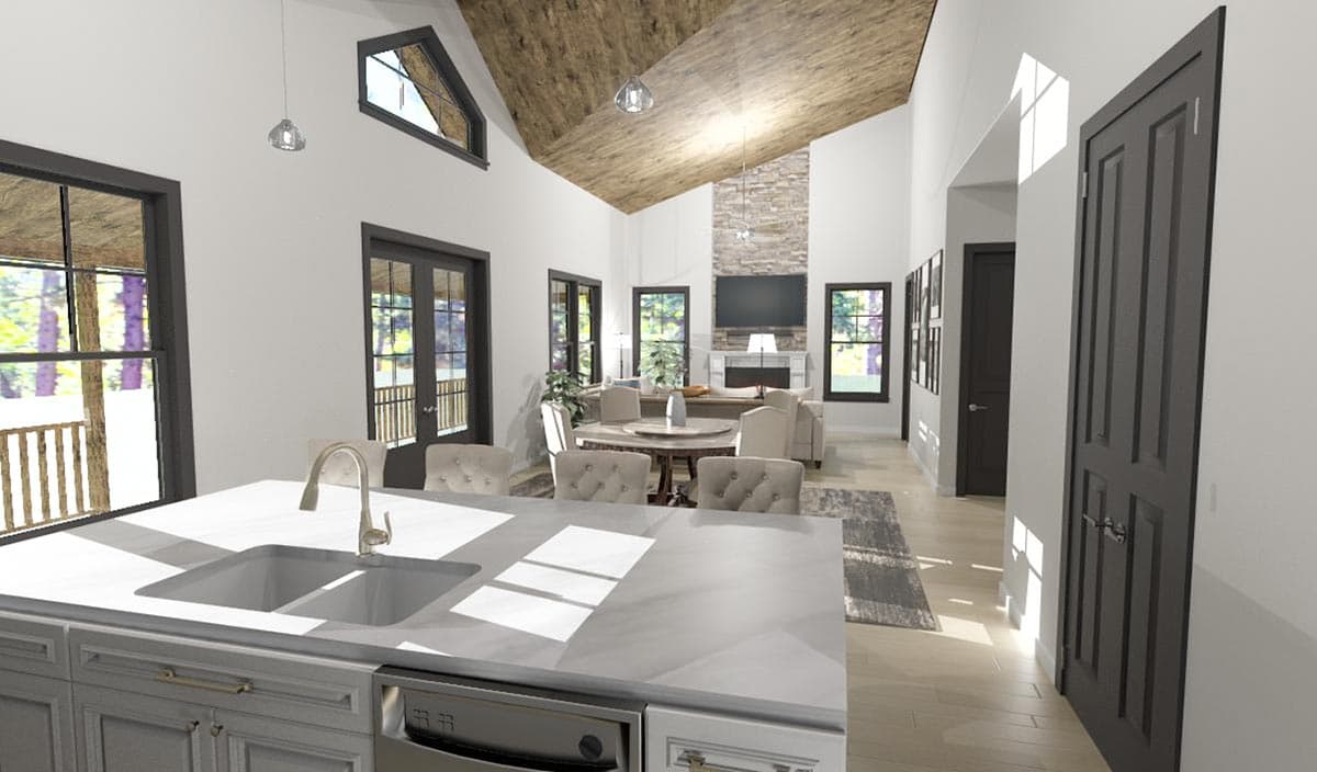 Interior rendering of an open-concept living space with vaulted wood ceiling, stone fireplace, large windows, and kitchen island.