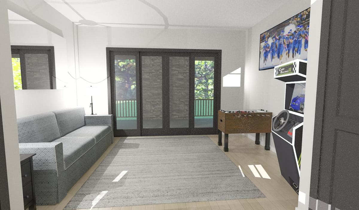 Plan 744505ABR: Modern Cozy Cottage House Plan Under 1500 Square Feet with Central Game Room - Image #9 - Country, New American, Ranch, Rustic