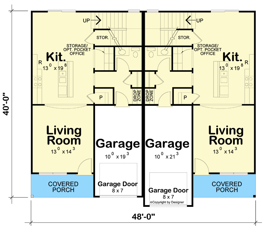 Plan 42427DB: Duplex House Plan with Matching 1528 Square Foot 3-Bed Units - Floor Plan - Main Level - Country, Craftsman, Farmhouse, Modern Farmhouse, New American, Traditional