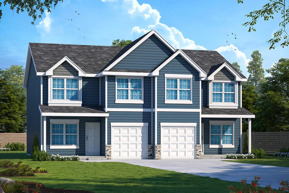 House plan exterior with two stories, multiple gables, dormers, and two-car garage. Features lap siding, shingle roof and covered entry.
