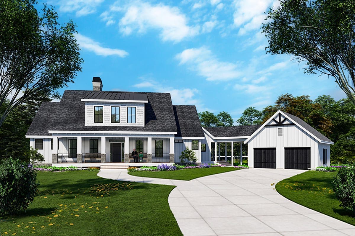House plan exterior. Two-story Modern Farmhouse with a gabled roof, a front porch, and an attached garage.  Symmetrical design.