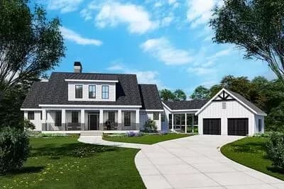Farm-Style House Plan Designed for Rear View Lots with Open Breezeway and a 2-Car Garage