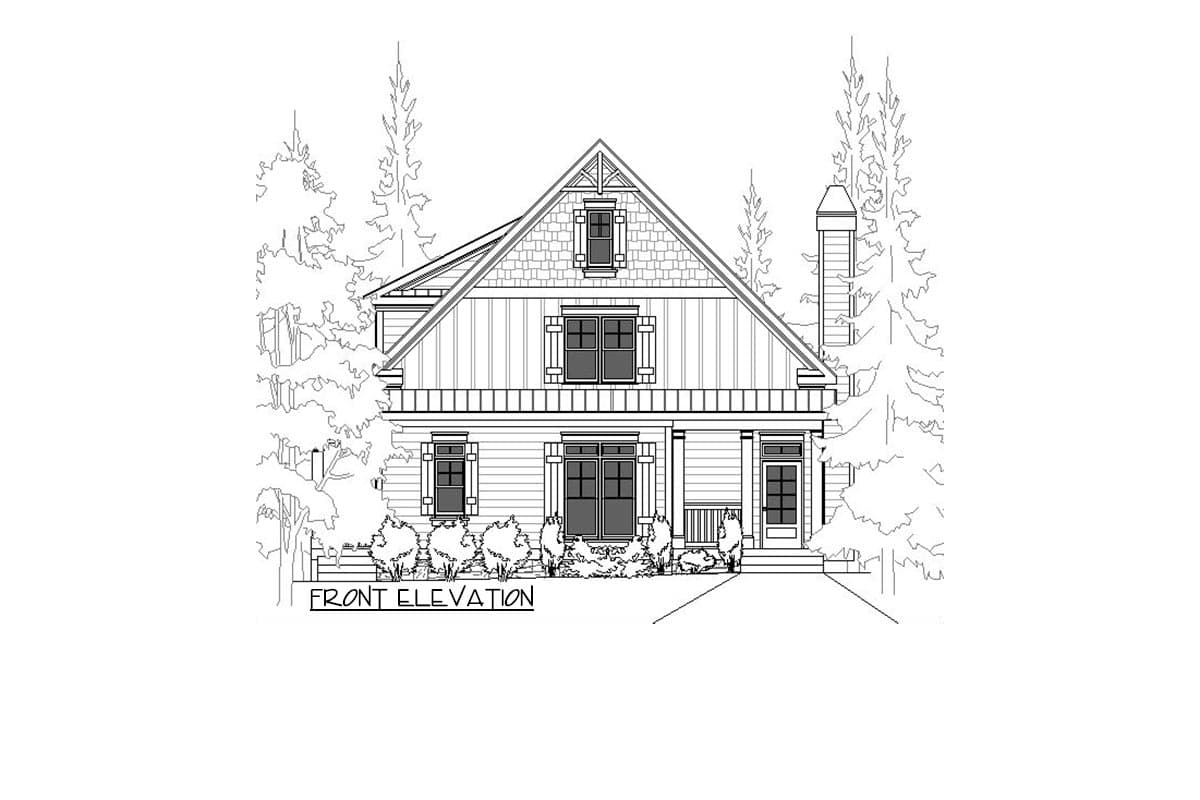 Front elevation of a two-story house plan with a gabled roof, dormer, porch, and large windows.