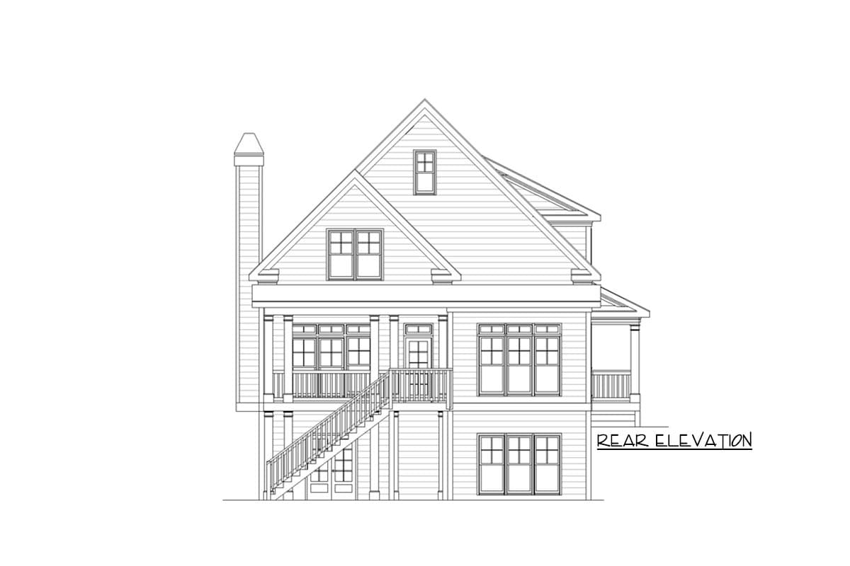 Rear elevation drawing of a two-story house plan with a prominent gable, dormer, chimney, and covered porch with stairs.