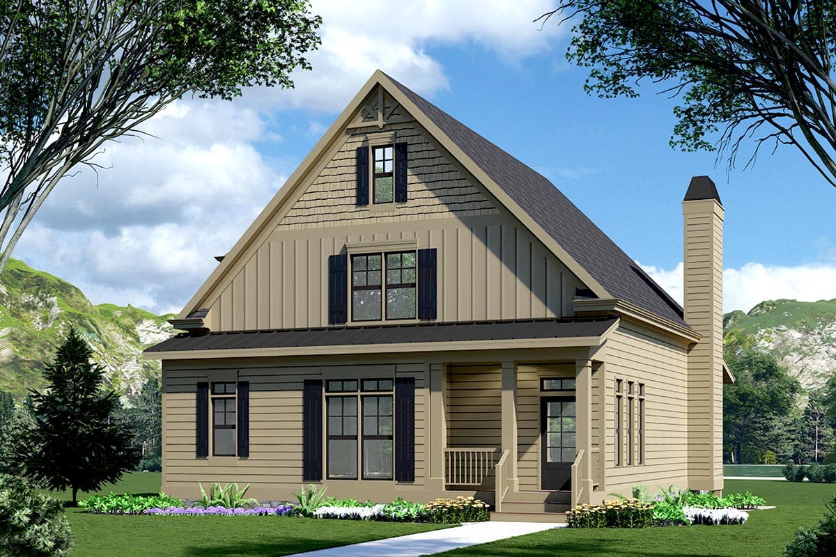 House plan exterior. Two-story Craftsman home with a gabled roof, prominent chimney, and a covered porch. Features include black shutters.