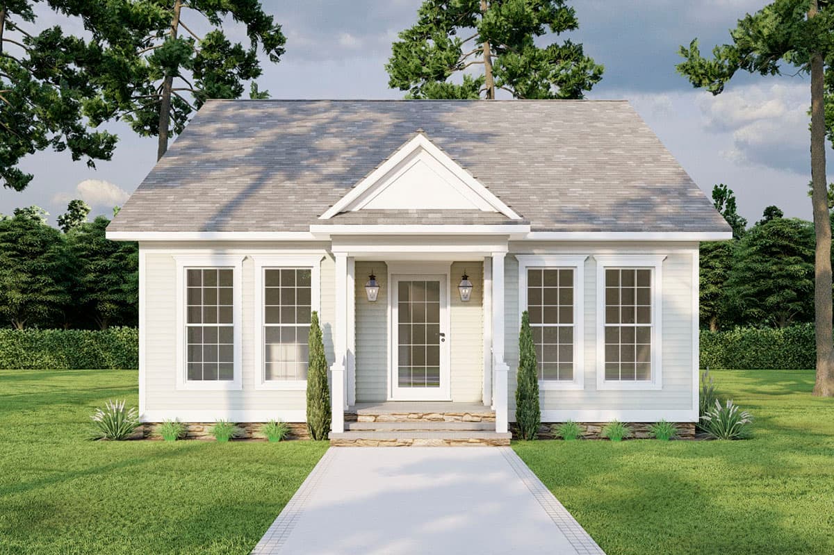 House plan exterior rendering. One-story Cottage style home with gabled roof, front porch, and symmetrical window placement.