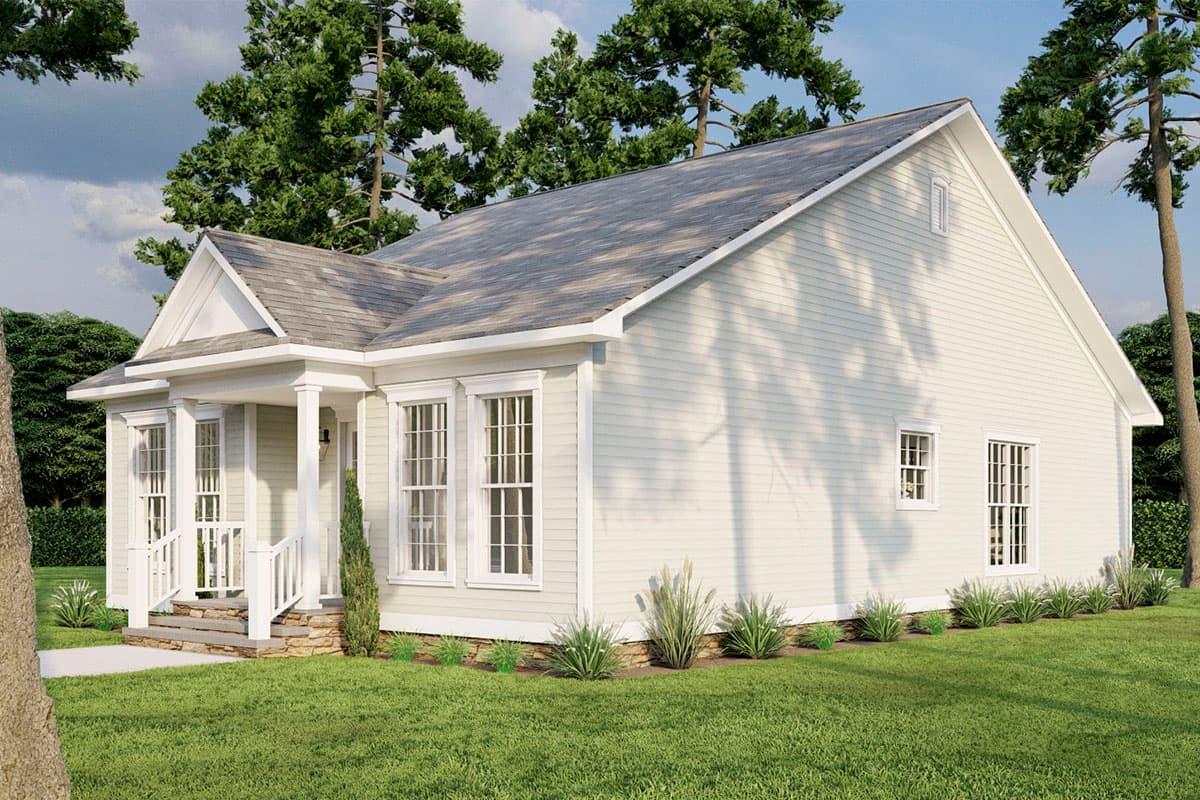 House plan exterior: single-story Modern Farmhouse with a covered front porch, gables, and multiple double-hung windows.