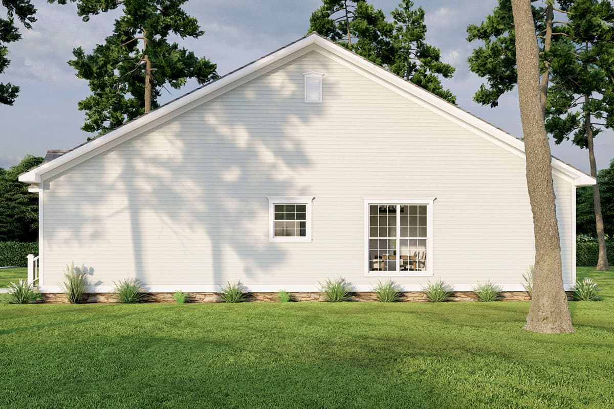 House plan exterior: one-story, gable roof, horizontal siding, stone foundation, two windows with grid pattern.
