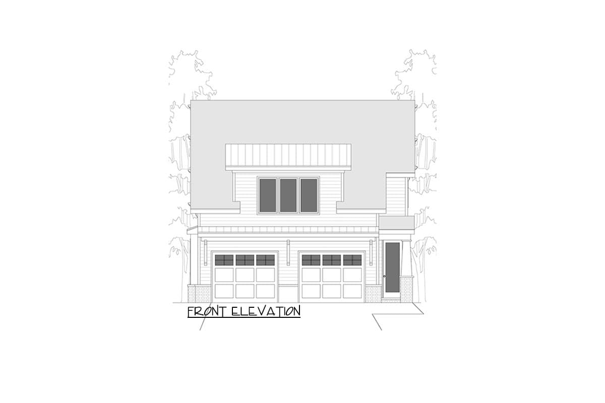 Front elevation of a two-story house plan featuring a metal roof, two garage doors, and a front entry.