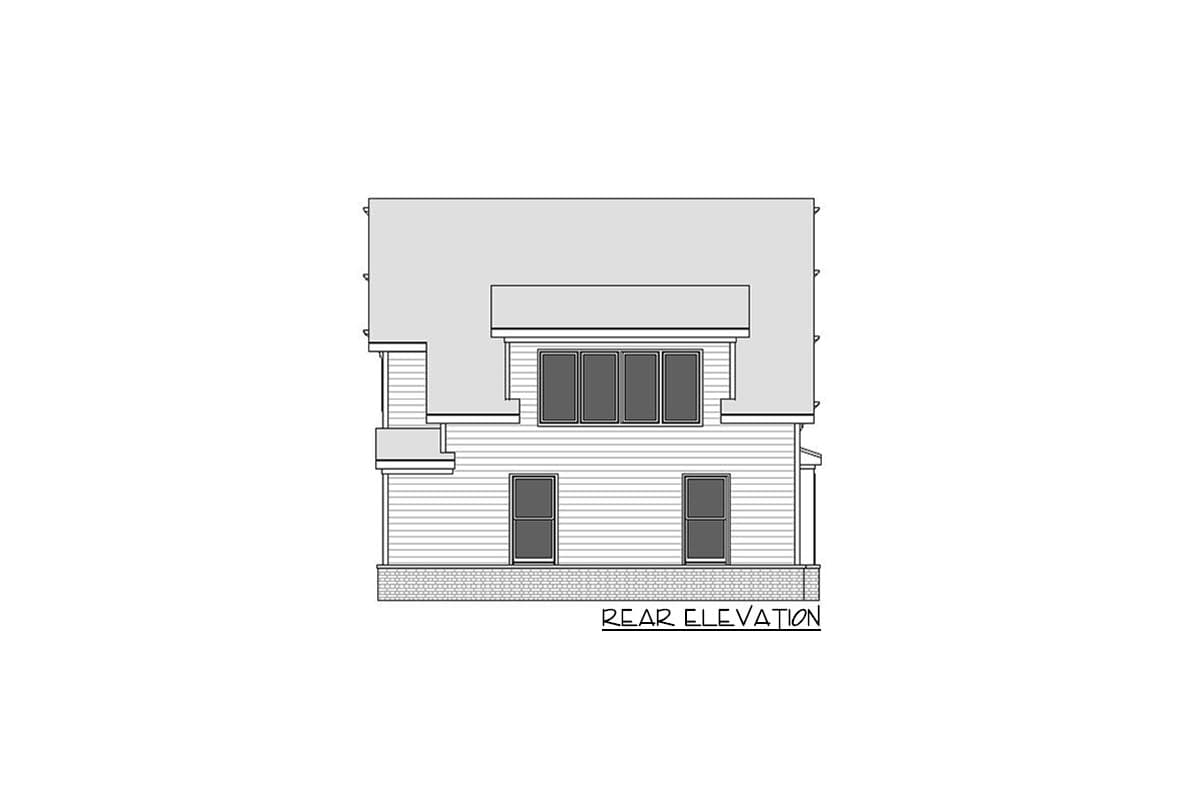 Rear elevation drawing of a two-story house plan with horizontal siding, a second-story bump-out with three windows, and two first-story windows.