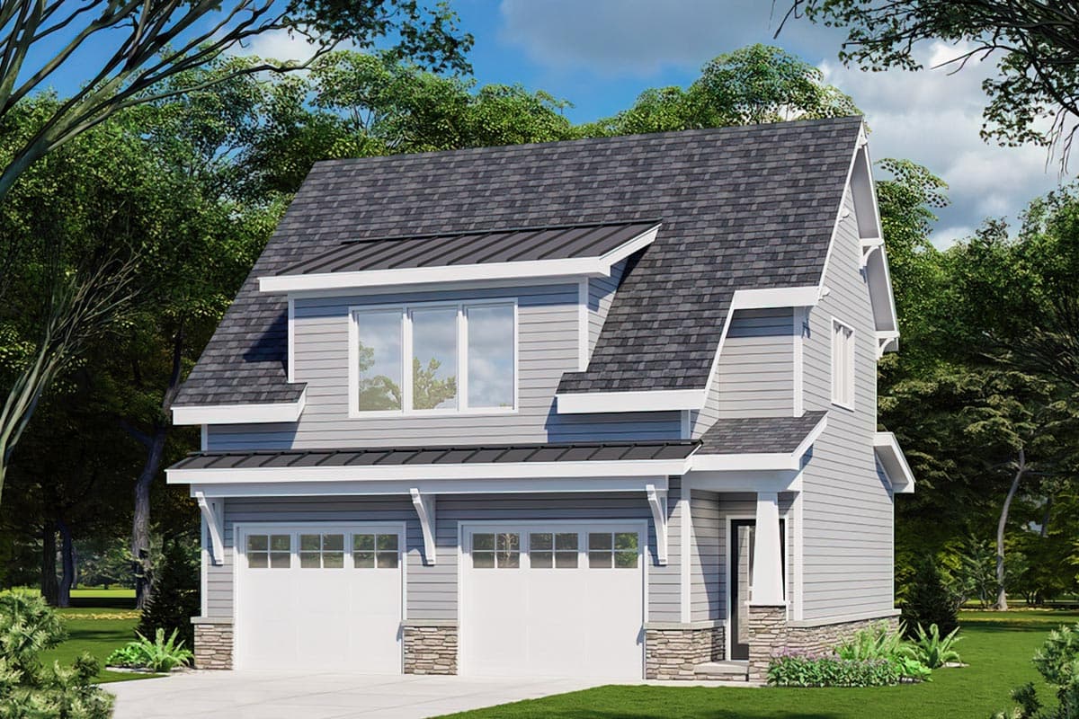 House plan exterior with two stories. Features include a gabled roofline, two-car garage, and a shed dormer with multiple windows.