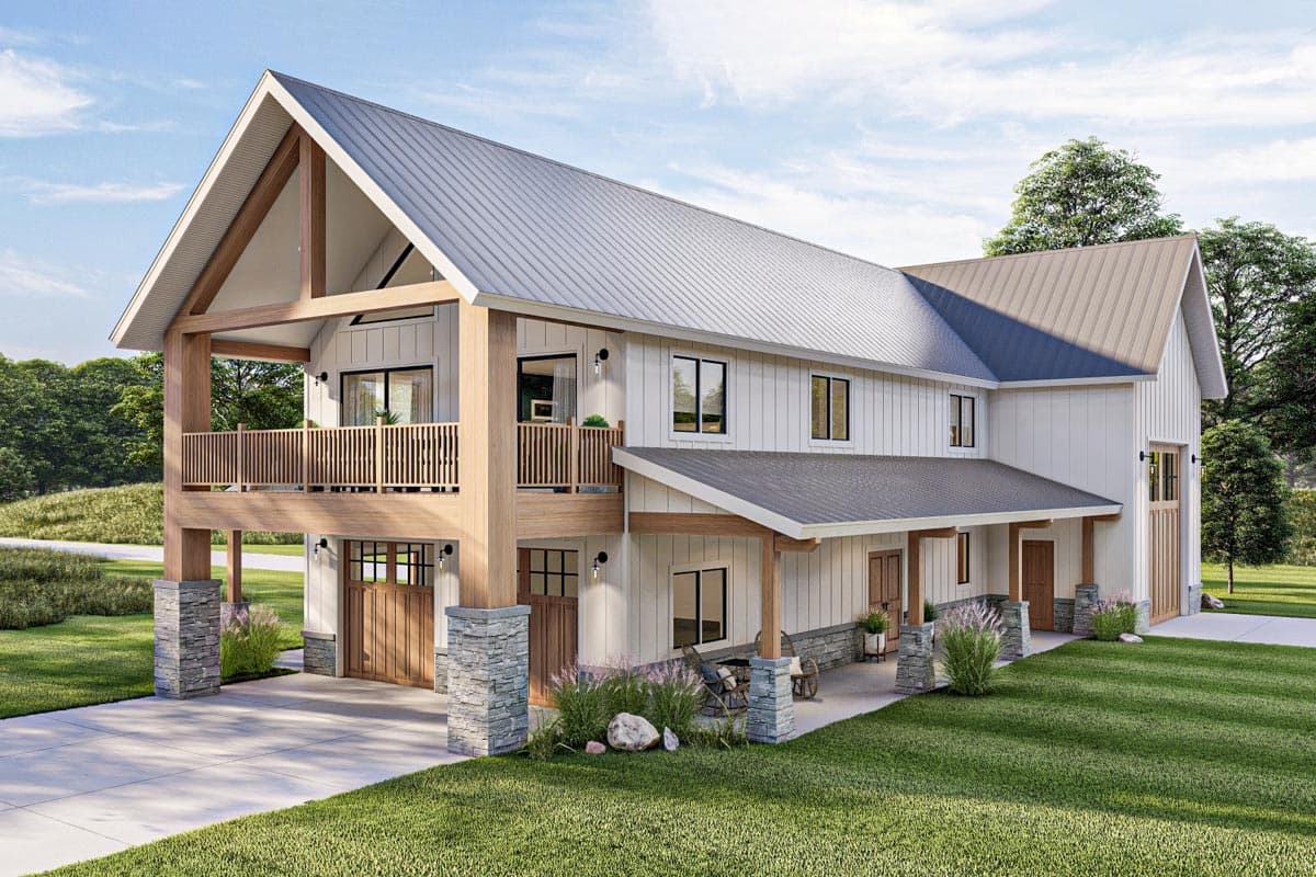 Modern farmhouse house plan exterior with a gabled roof, exposed beams, a covered porch, and a two-car garage.