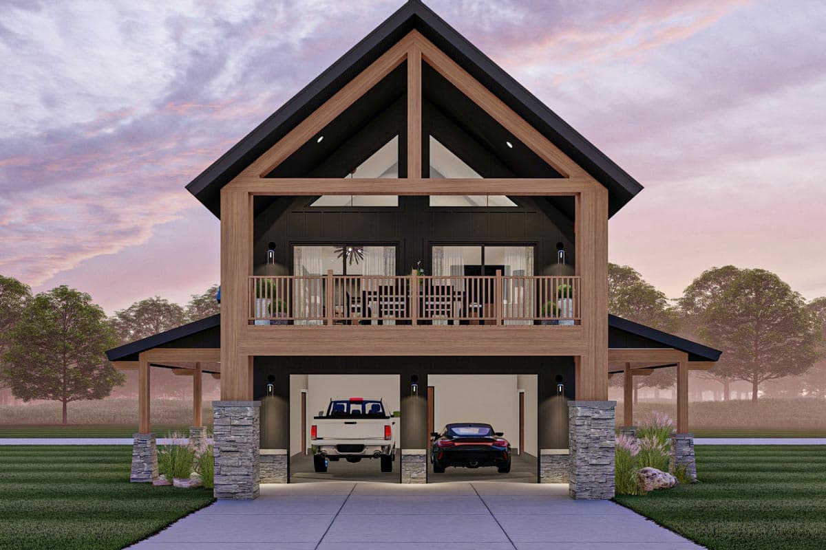 Modern house plan exterior with a two-car garage, upper-level balcony, and prominent gable with exposed beams.