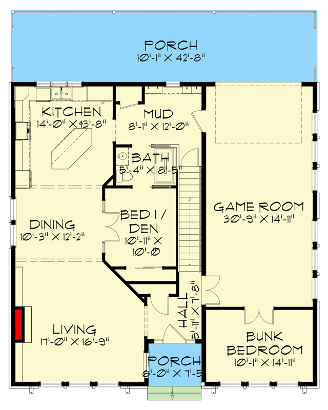 Plan 744507ABR: 2700 Square Foot Rustic Home Plan with Game Room and Bunk Room - Floor Plan - Main Level