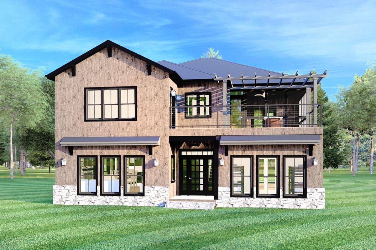 House plan exterior. Two-story modern farmhouse with a pergola-covered balcony, gabled roof, and stone facade accents. Black-framed windows.