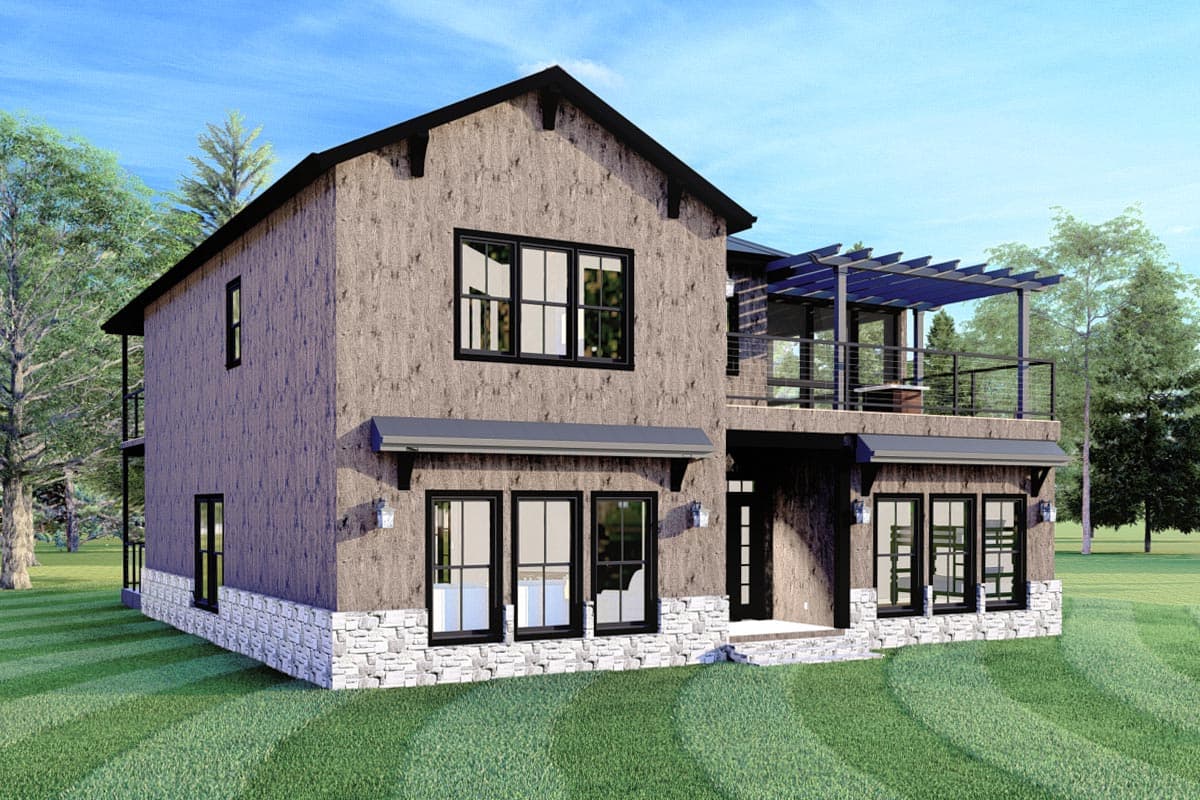 House plan exterior: two-story modern home with stone base, gable roof, large windows, and upper-level pergola patio.
