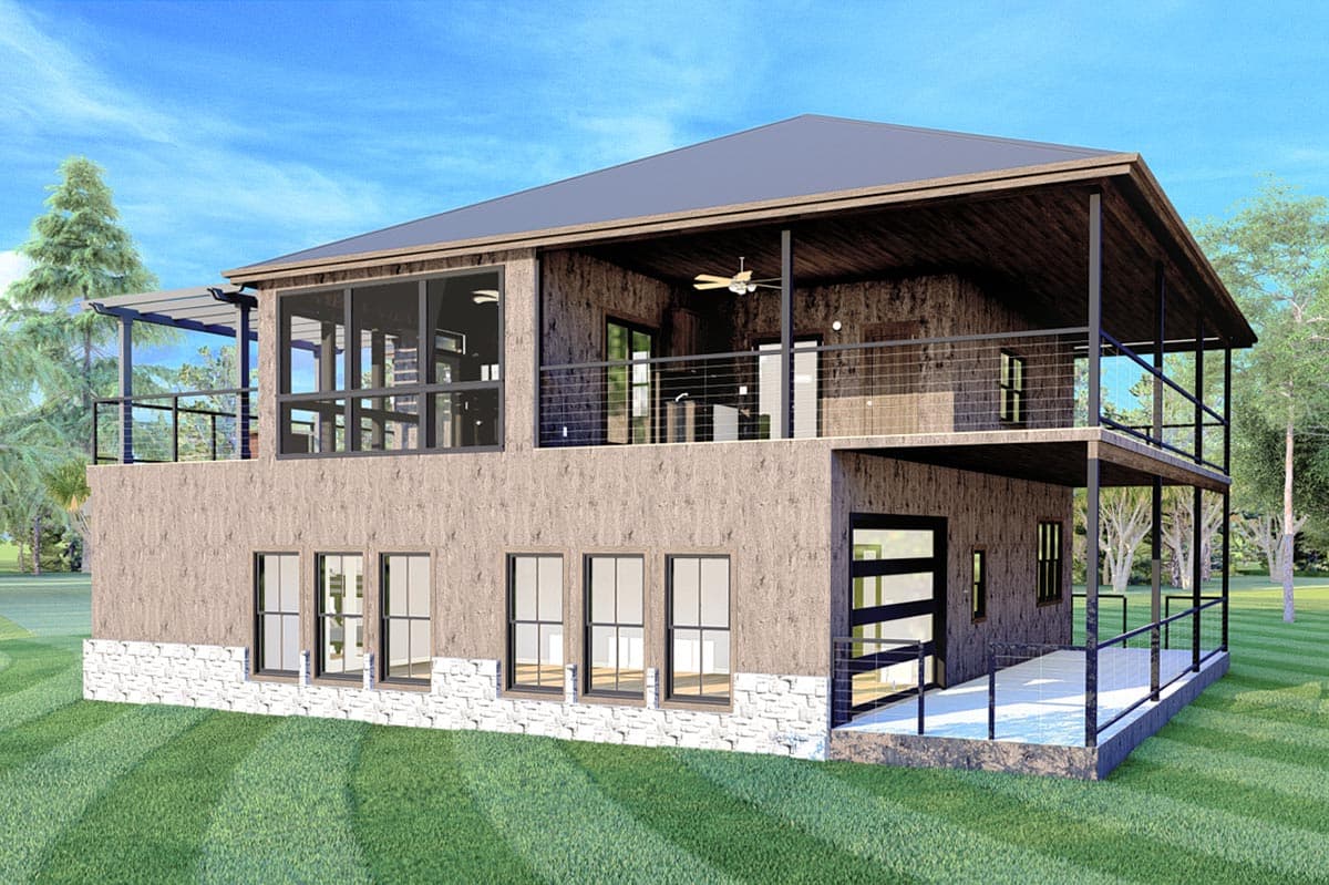House plan exterior, two stories, modern style, large windows, covered upper deck with railing, stone accent on lower level.