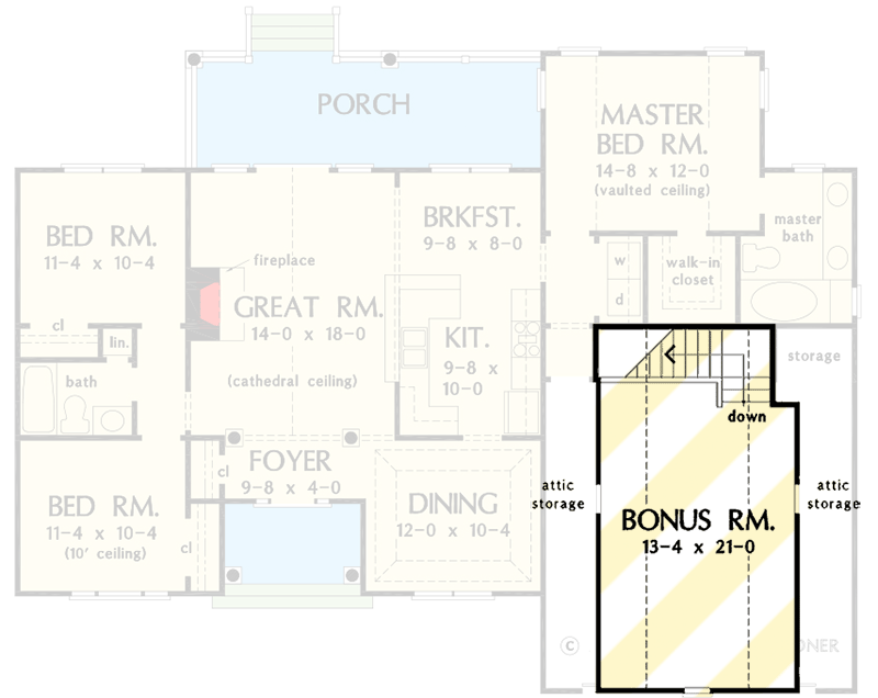 Plan 444367GDN: Traditional Ranch Plan with Bonus Room above Garage - Floor Plan - Bonus Level - Country, Ranch, Southern, Traditional