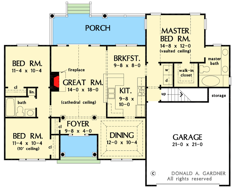 Plan 444367GDN: Traditional Ranch Plan with Bonus Room above Garage - Floor Plan - Main Level - Country, Ranch, Southern, Traditional