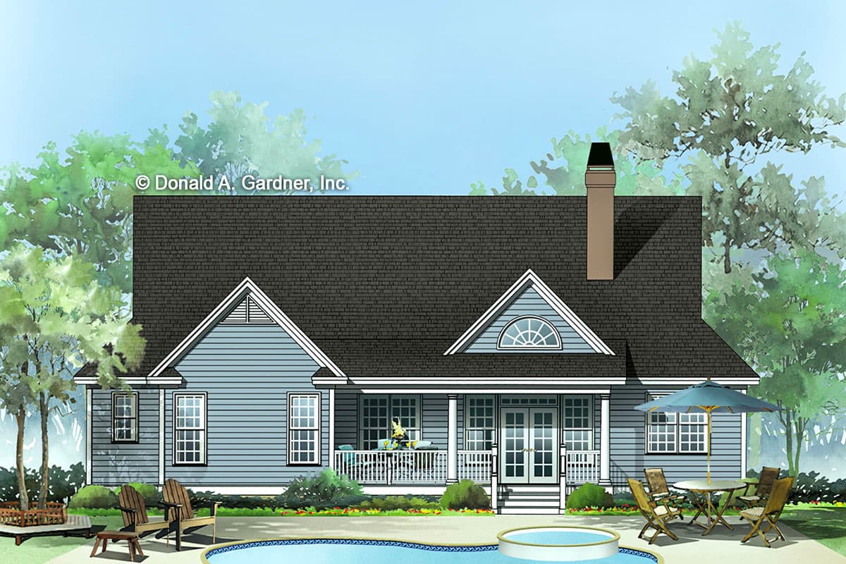 House plan exterior: One-story home with a covered front porch, dual gables, dormer window, and a brick chimney.