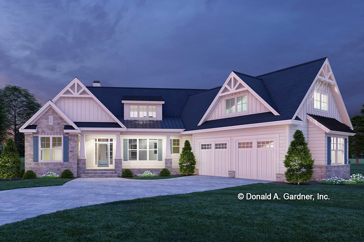 House plan exterior. Two-story home with Craftsman style. Features include gabled rooflines, dormers, a front porch, and an attached garage.