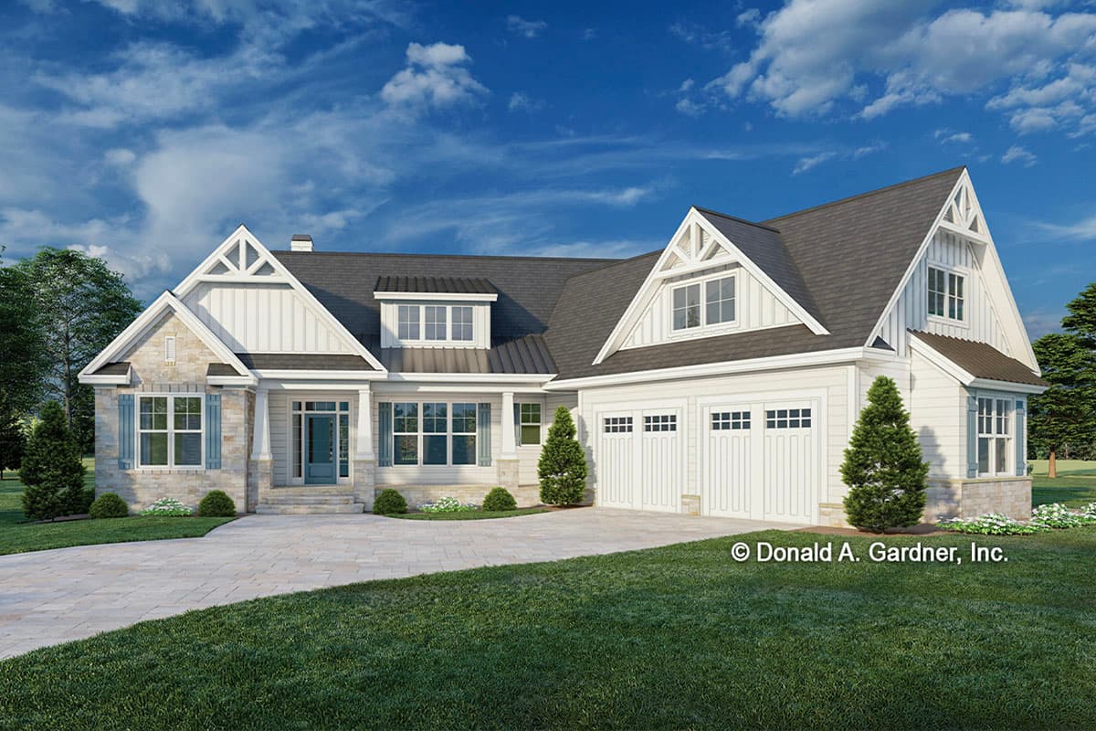 House plan exterior: Modern Farmhouse style, two stories, white siding, stone accents, gables, dormers, and a three-car garage.
