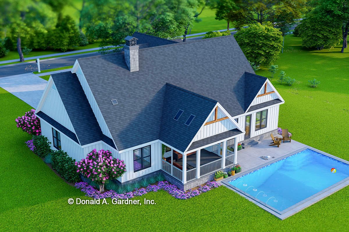 Modern Farmhouse house plan exterior, one story, with gables, a covered porch, and a stone chimney.