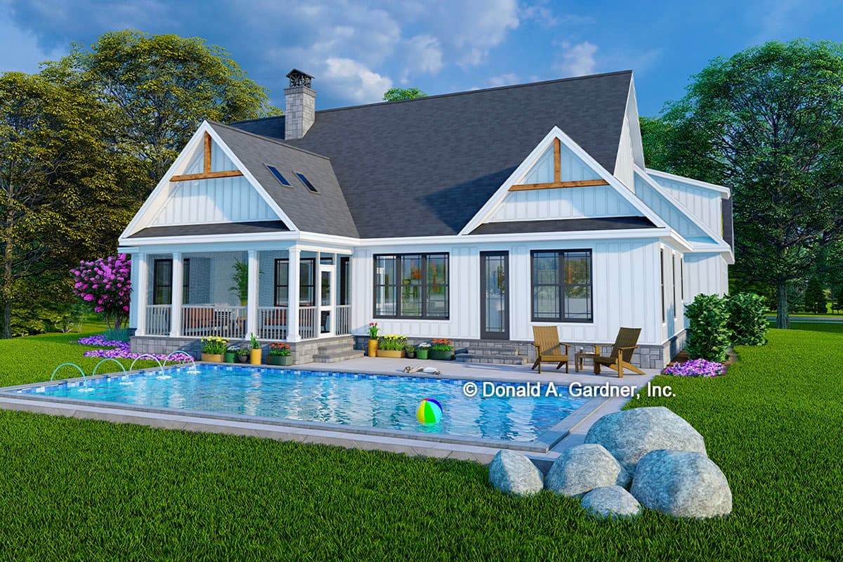 Modern Farmhouse house plan exterior with gables, porch, and large windows.