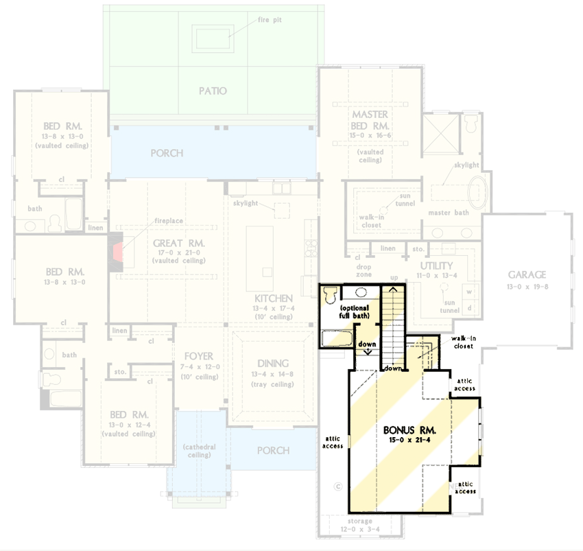 Plan 444372GDN: 4 Bed 2800 Square Foot Rustic Farmhouse with Bonus Expansion and Large Rear Porch - Floor Plan - Bonus Level - Country, Farmhouse, New American, Ranch, Rustic