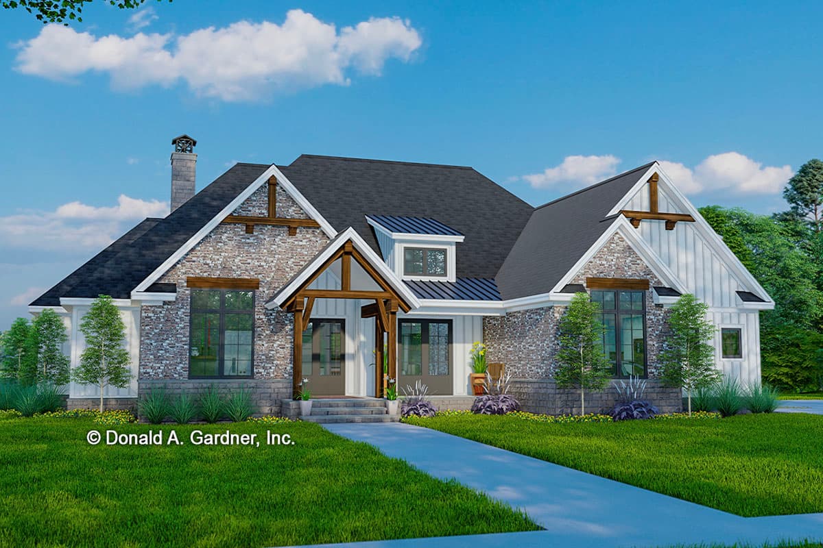 House plan exterior. Two-story home with Craftsman style. Features include gables, stone veneer, front entry porch, and exposed timber detailing.